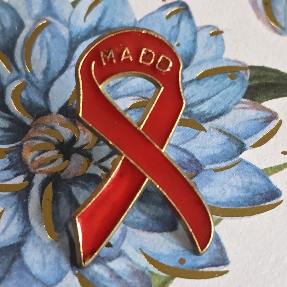 MADD pin Mothers Against Drunk Driving red ribbon gold tone enamel lapel